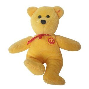 Vtg McDonalds Ty Beanie Teddy Bear 5" Yellow Red Ribbon Happy Meal Logo Soft